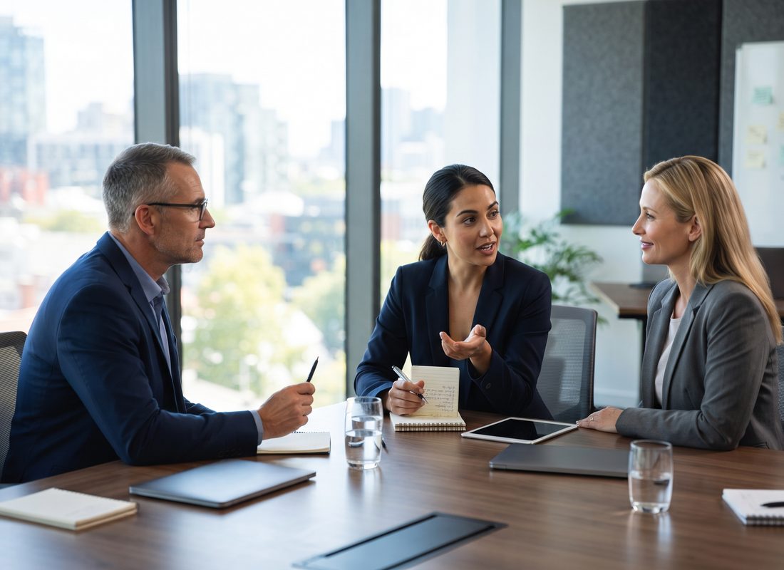 Dolmetscherin am Besprechungstisch zwischen zwei Gesprächspartnern