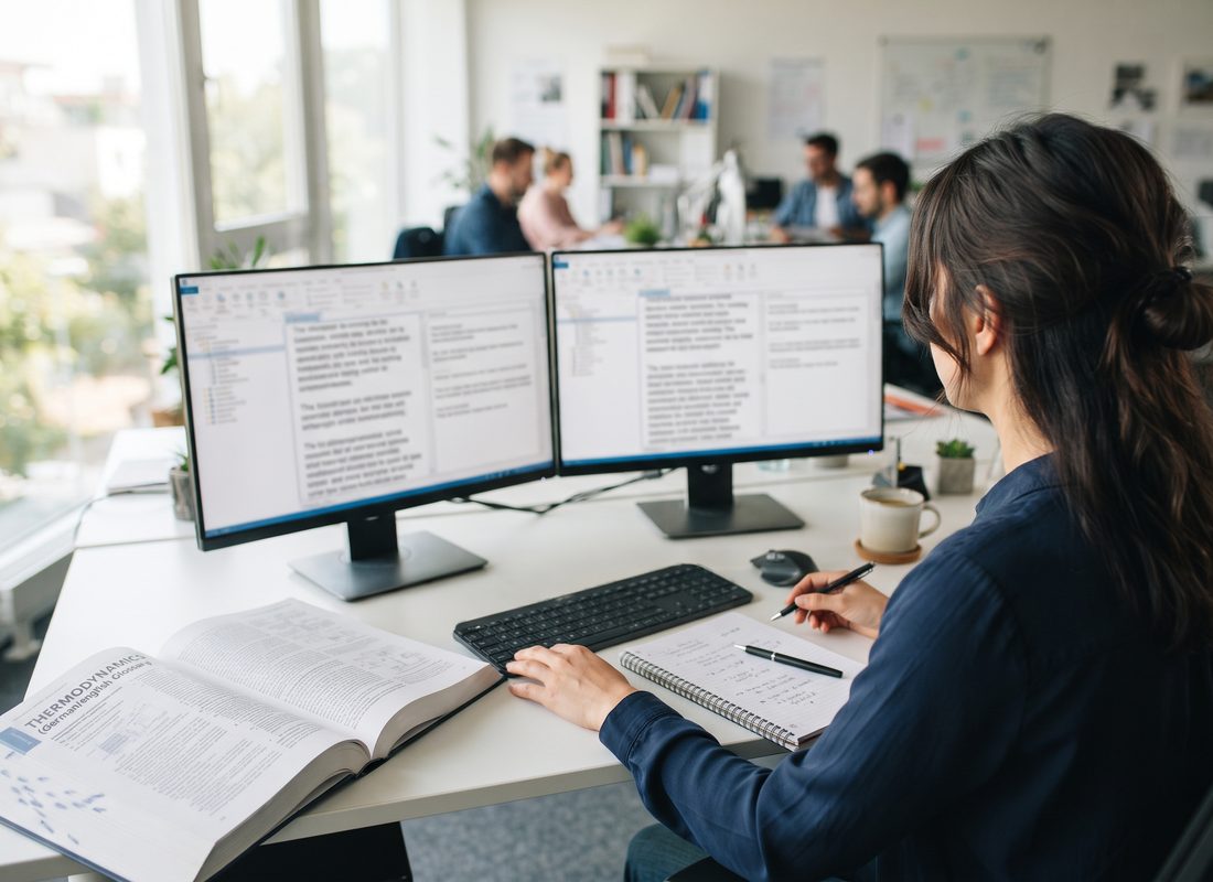 Übersetzerin am Doppelmonitor mit aufgeschlagenem Fachbuch