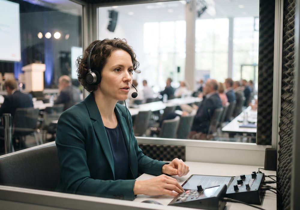 Dolmetscherin mit Kopfhörer in einer Kabine